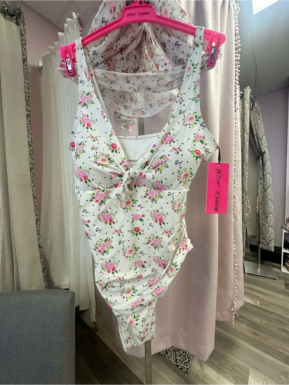 Betsey Johnson White Floral One-Piece with Pink Roses